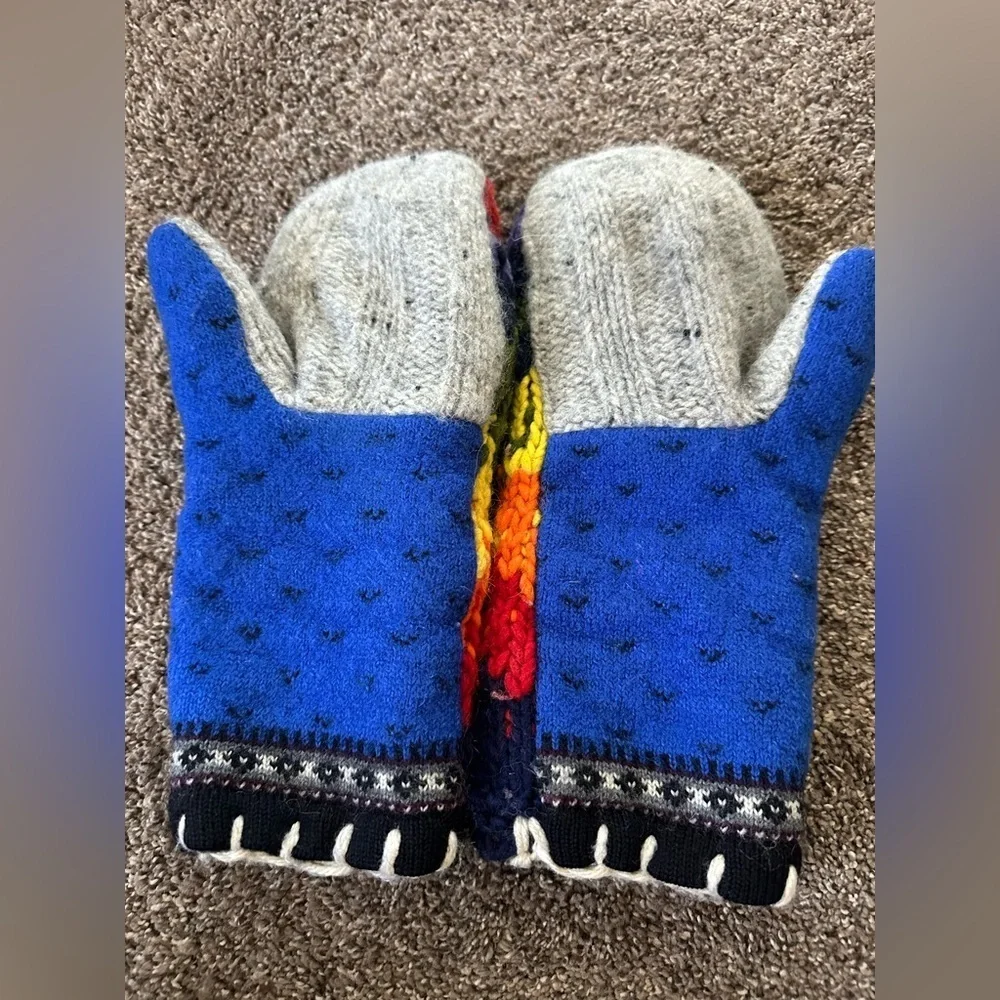 Hand Knit Wool Fleece Lined Rainbow Mittens